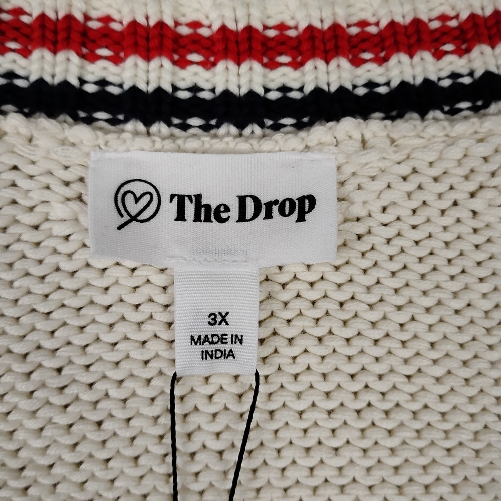 NWT The Drop Chunky Knit V- Neck Sweater In Cream With Red/Blk Stripe Accents 3X - Picture 3 of 8